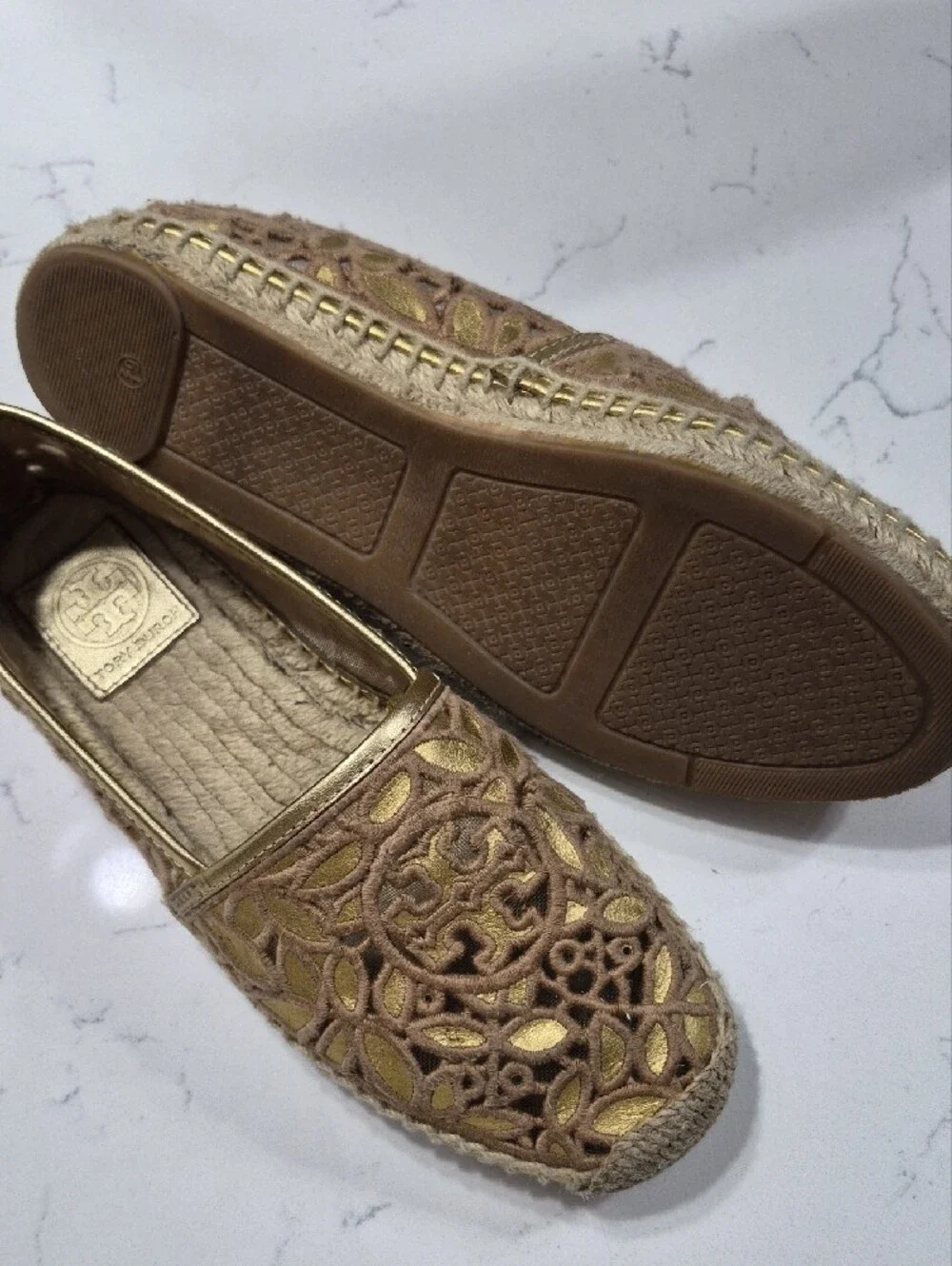 Tory Burch Gold and Tan Laser-Cut Espadrille Flats